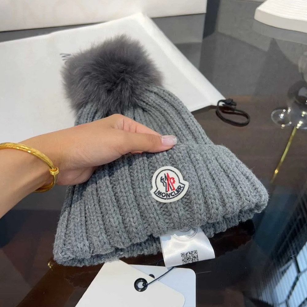 Moncler Charcoal Knit Beanie with Fluffy Pom